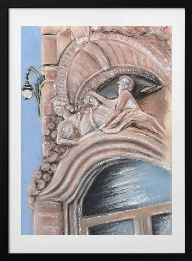 A pastel drawing of an ornate architectural detail on a building facade, featuring elaborate carvings above an arched window. The carvings depict classical female figures in flowing drapery, rendered in warm pink and brown tones against a light blue sky. A vintage-style street lamp is visible to the left. Wall Art