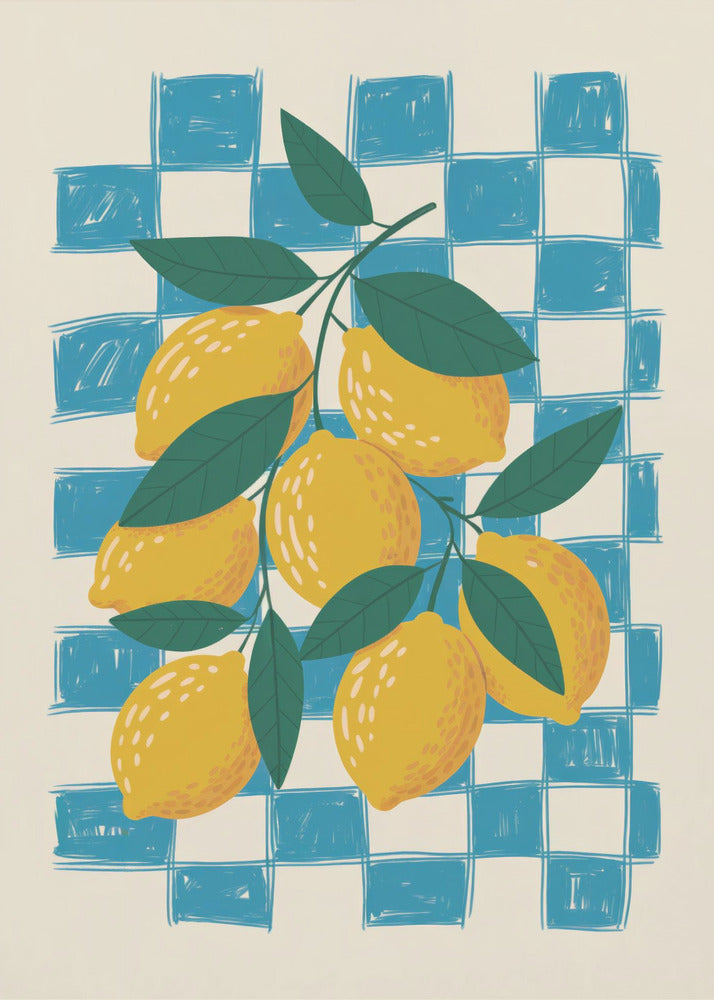 A vibrant illustration of a lemon branch laden with yellow lemons and green leaves, set against a loosely drawn blue and cream checkered background, enclosed in a thin black frame. Artwork