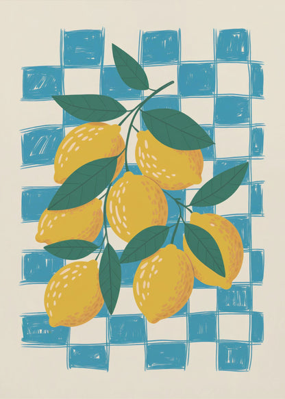 A vibrant illustration of a lemon branch laden with yellow lemons and green leaves, set against a loosely drawn blue and cream checkered background, enclosed in a thin black frame. Artwork
