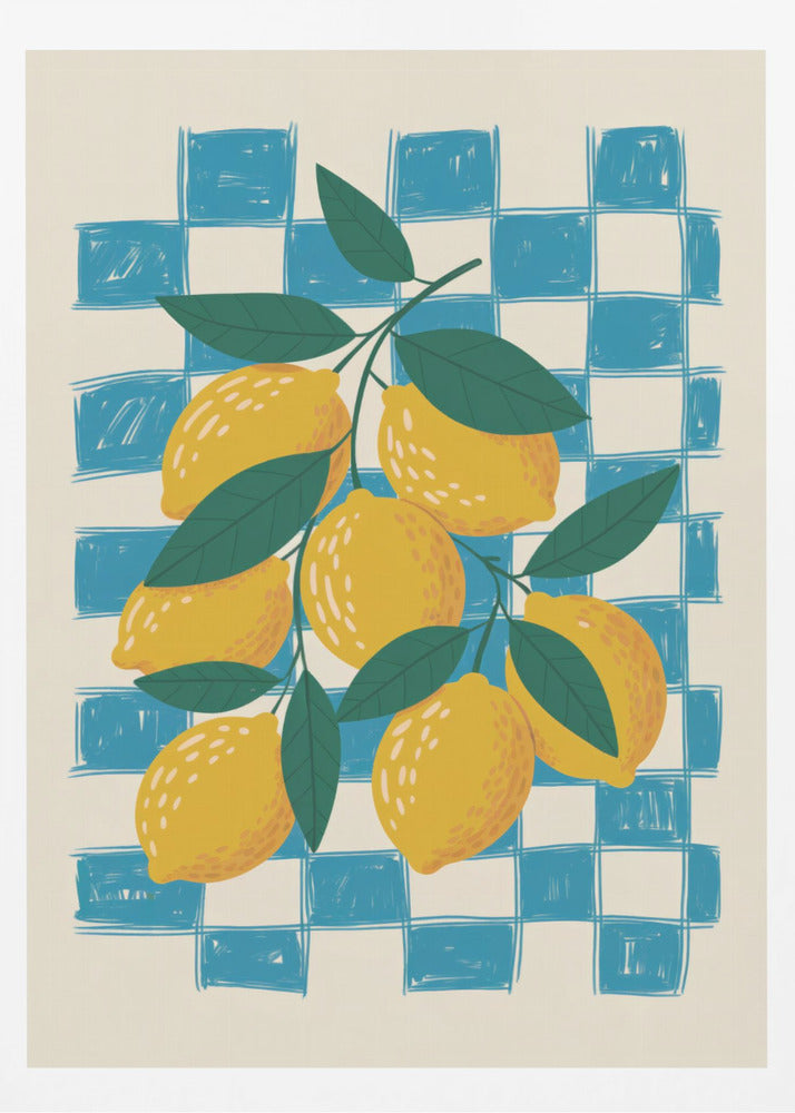 A vibrant illustration of a lemon branch laden with yellow lemons and green leaves, set against a loosely drawn blue and cream checkered background, enclosed in a thin black frame. Artwork
