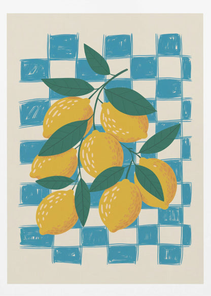 A vibrant illustration of a lemon branch laden with yellow lemons and green leaves, set against a loosely drawn blue and cream checkered background, enclosed in a thin black frame. Artwork