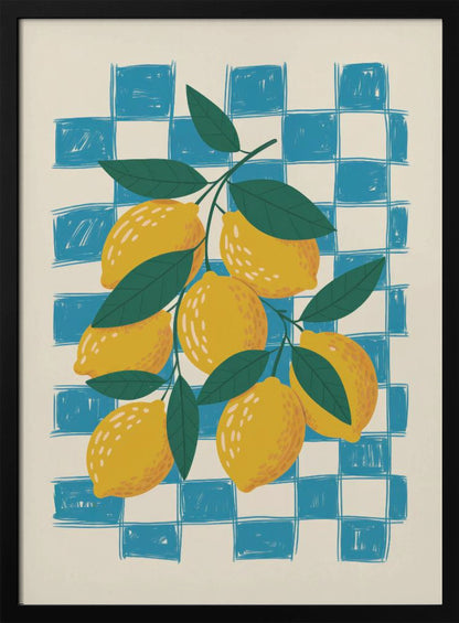 A vibrant illustration of a lemon branch laden with yellow lemons and green leaves, set against a loosely drawn blue and cream checkered background, enclosed in a thin black frame. Artwork