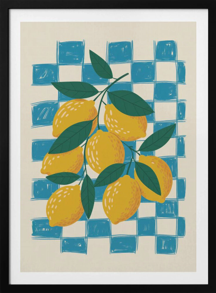 A vibrant illustration of a lemon branch laden with yellow lemons and green leaves, set against a loosely drawn blue and cream checkered background, enclosed in a thin black frame. Artwork