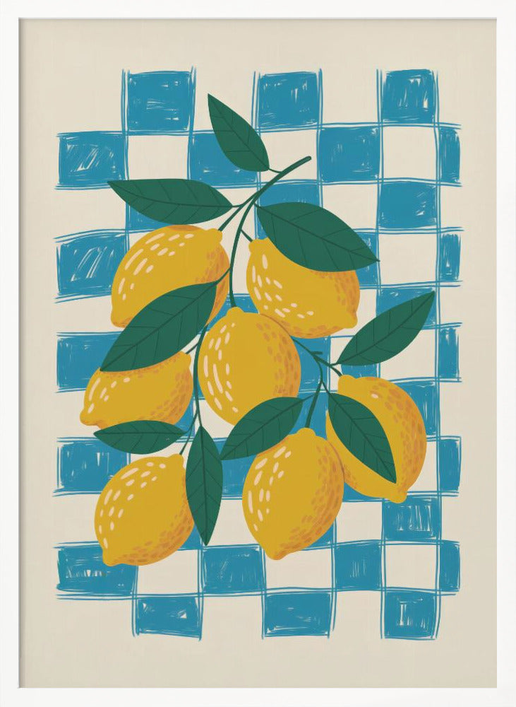 A vibrant illustration of a lemon branch laden with yellow lemons and green leaves, set against a loosely drawn blue and cream checkered background, enclosed in a thin black frame. Artwork