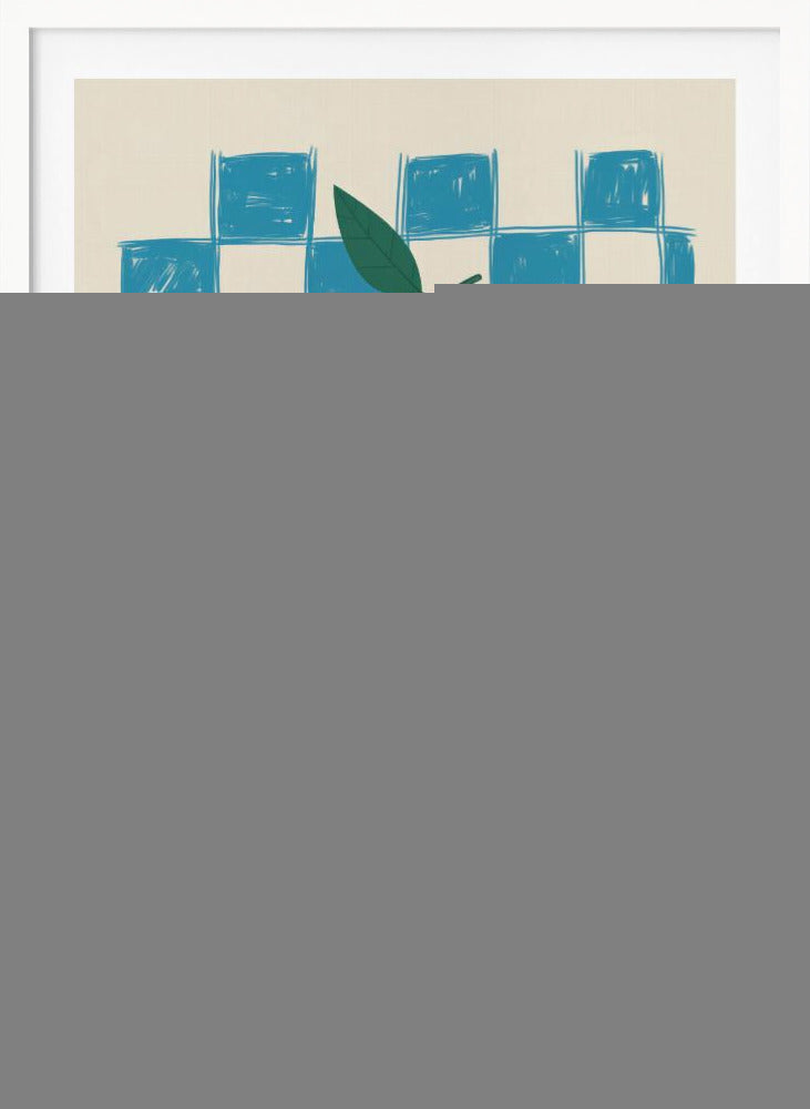 A vibrant illustration of a lemon branch laden with yellow lemons and green leaves, set against a loosely drawn blue and cream checkered background, enclosed in a thin black frame. Artwork