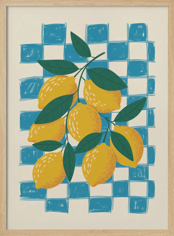 A vibrant illustration of a lemon branch laden with yellow lemons and green leaves, set against a loosely drawn blue and cream checkered background, enclosed in a thin black frame. Artwork