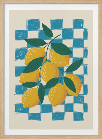 A vibrant illustration of a lemon branch laden with yellow lemons and green leaves, set against a loosely drawn blue and cream checkered background, enclosed in a thin black frame. Artwork