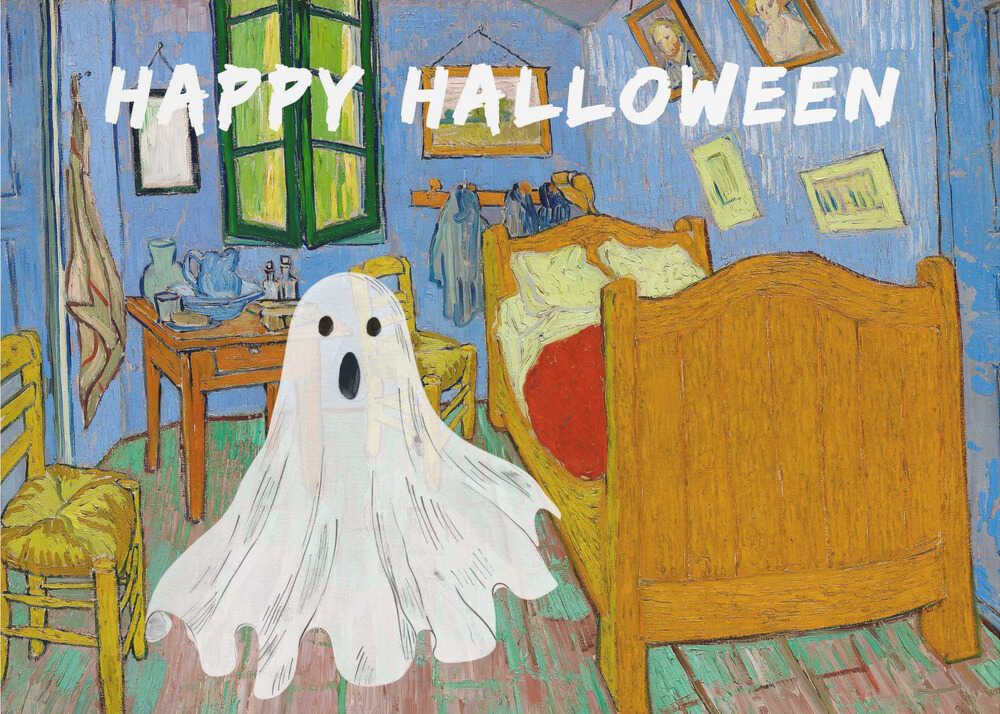 A parody of Vincent van Gogh's famous 'Bedroom in Arles' painting. A white, cartoonish ghost with a surprised expression hovers in the middle of the iconic, colorful room. Above the scene, the words 'HAPPY HALLOWEEN' are displayed in a textured white font. The artwork is presented in a silver frame. Wall Art