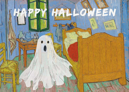 A parody of Vincent van Gogh's famous 'Bedroom in Arles' painting. A white, cartoonish ghost with a surprised expression hovers in the middle of the iconic, colorful room. Above the scene, the words 'HAPPY HALLOWEEN' are displayed in a textured white font. The artwork is presented in a silver frame. Wall Art