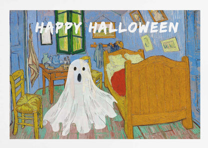 A parody of Vincent van Gogh's famous 'Bedroom in Arles' painting. A white, cartoonish ghost with a surprised expression hovers in the middle of the iconic, colorful room. Above the scene, the words 'HAPPY HALLOWEEN' are displayed in a textured white font. The artwork is presented in a silver frame. Wall Art