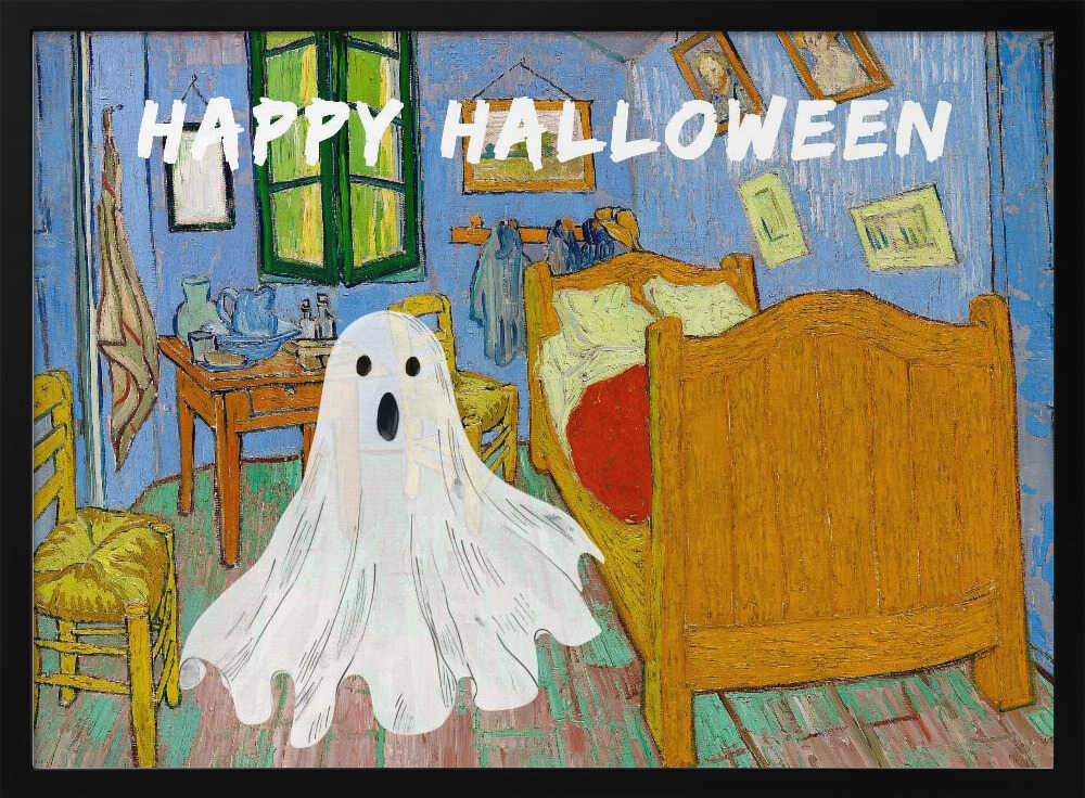 A parody of Vincent van Gogh's famous 'Bedroom in Arles' painting. A white, cartoonish ghost with a surprised expression hovers in the middle of the iconic, colorful room. Above the scene, the words 'HAPPY HALLOWEEN' are displayed in a textured white font. The artwork is presented in a silver frame. Wall Art