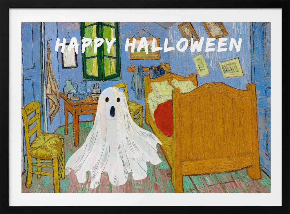 A parody of Vincent van Gogh's famous 'Bedroom in Arles' painting. A white, cartoonish ghost with a surprised expression hovers in the middle of the iconic, colorful room. Above the scene, the words 'HAPPY HALLOWEEN' are displayed in a textured white font. The artwork is presented in a silver frame. Wall Art
