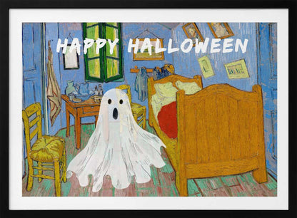 A parody of Vincent van Gogh's famous 'Bedroom in Arles' painting. A white, cartoonish ghost with a surprised expression hovers in the middle of the iconic, colorful room. Above the scene, the words 'HAPPY HALLOWEEN' are displayed in a textured white font. The artwork is presented in a silver frame. Wall Art