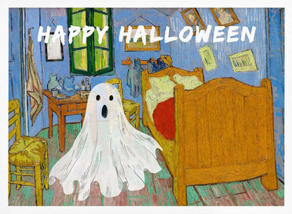 A parody of Vincent van Gogh's famous 'Bedroom in Arles' painting. A white, cartoonish ghost with a surprised expression hovers in the middle of the iconic, colorful room. Above the scene, the words 'HAPPY HALLOWEEN' are displayed in a textured white font. The artwork is presented in a silver frame. Wall Art