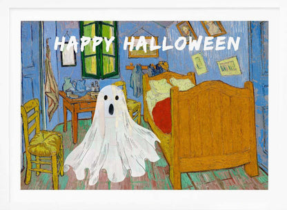 A parody of Vincent van Gogh's famous 'Bedroom in Arles' painting. A white, cartoonish ghost with a surprised expression hovers in the middle of the iconic, colorful room. Above the scene, the words 'HAPPY HALLOWEEN' are displayed in a textured white font. The artwork is presented in a silver frame. Wall Art
