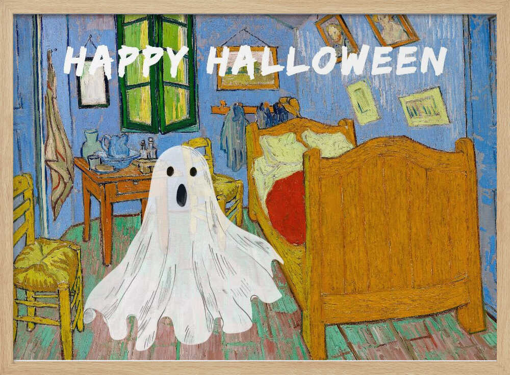A parody of Vincent van Gogh's famous 'Bedroom in Arles' painting. A white, cartoonish ghost with a surprised expression hovers in the middle of the iconic, colorful room. Above the scene, the words 'HAPPY HALLOWEEN' are displayed in a textured white font. The artwork is presented in a silver frame. Wall Art