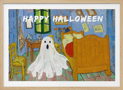 A parody of Vincent van Gogh's famous 'Bedroom in Arles' painting. A white, cartoonish ghost with a surprised expression hovers in the middle of the iconic, colorful room. Above the scene, the words 'HAPPY HALLOWEEN' are displayed in a textured white font. The artwork is presented in a silver frame. Wall Art