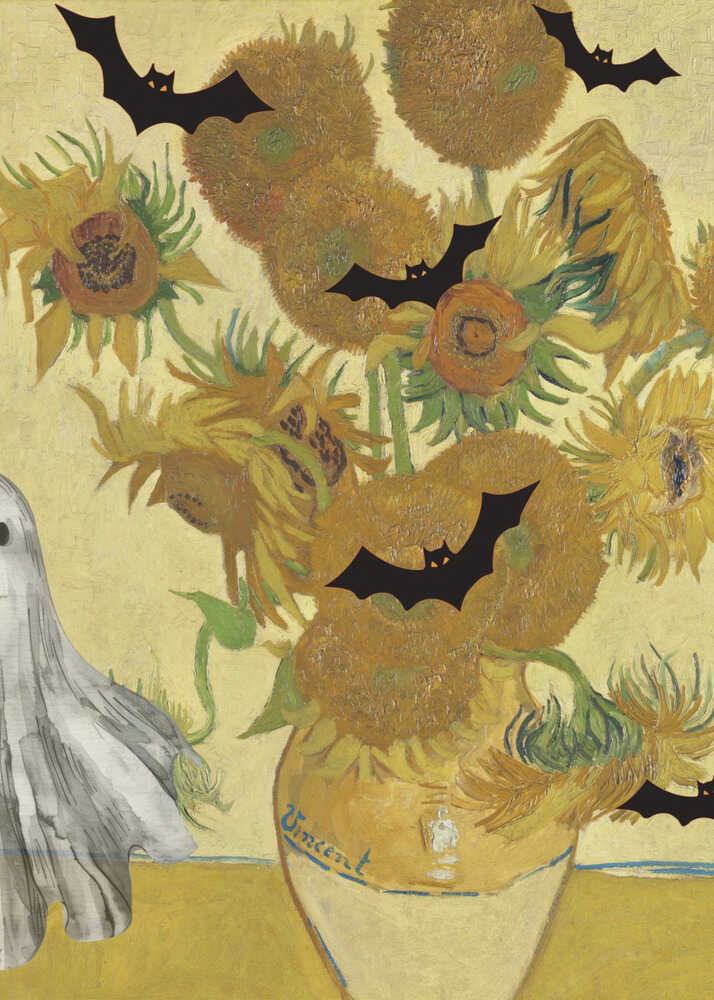 A humorous Halloween-themed parody of Vincent van Gogh's 'Sunflowers' painting. The famous artwork of yellow sunflowers in a vase is decorated with black bat silhouettes and a white sheet ghost peeking into the frame from the left. Artwork