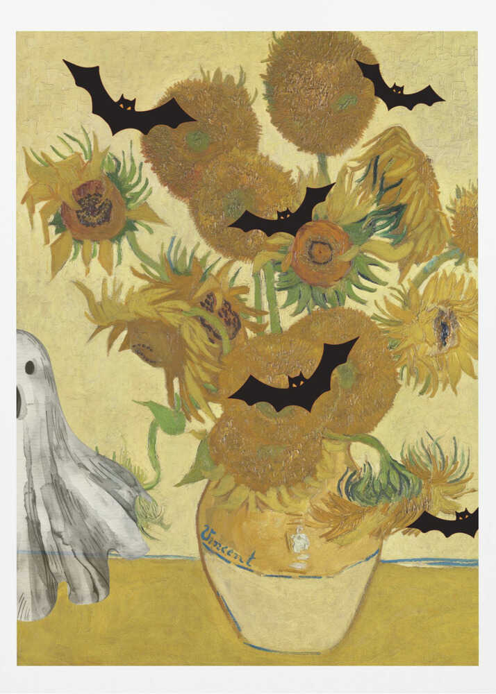 A humorous Halloween-themed parody of Vincent van Gogh's 'Sunflowers' painting. The famous artwork of yellow sunflowers in a vase is decorated with black bat silhouettes and a white sheet ghost peeking into the frame from the left. Artwork