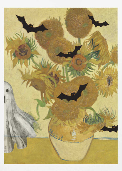 A humorous Halloween-themed parody of Vincent van Gogh's 'Sunflowers' painting. The famous artwork of yellow sunflowers in a vase is decorated with black bat silhouettes and a white sheet ghost peeking into the frame from the left. Artwork