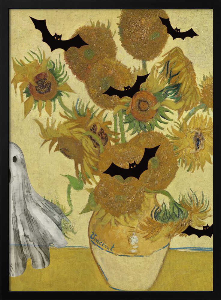 A humorous Halloween-themed parody of Vincent van Gogh's 'Sunflowers' painting. The famous artwork of yellow sunflowers in a vase is decorated with black bat silhouettes and a white sheet ghost peeking into the frame from the left. Artwork