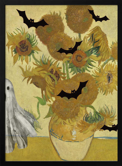 A humorous Halloween-themed parody of Vincent van Gogh's 'Sunflowers' painting. The famous artwork of yellow sunflowers in a vase is decorated with black bat silhouettes and a white sheet ghost peeking into the frame from the left. Artwork