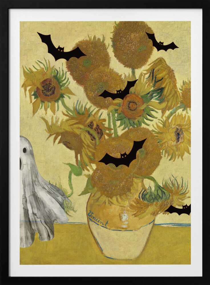 A humorous Halloween-themed parody of Vincent van Gogh's 'Sunflowers' painting. The famous artwork of yellow sunflowers in a vase is decorated with black bat silhouettes and a white sheet ghost peeking into the frame from the left. Artwork