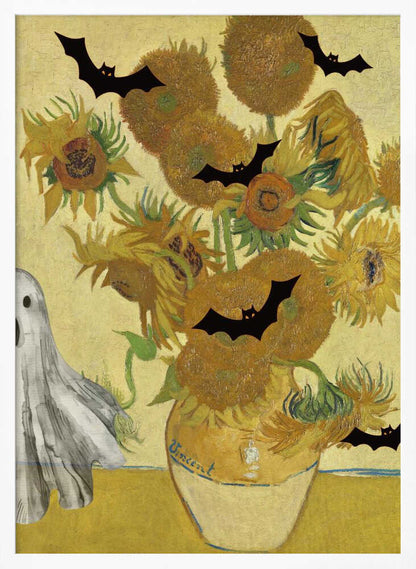 A humorous Halloween-themed parody of Vincent van Gogh's 'Sunflowers' painting. The famous artwork of yellow sunflowers in a vase is decorated with black bat silhouettes and a white sheet ghost peeking into the frame from the left. Artwork