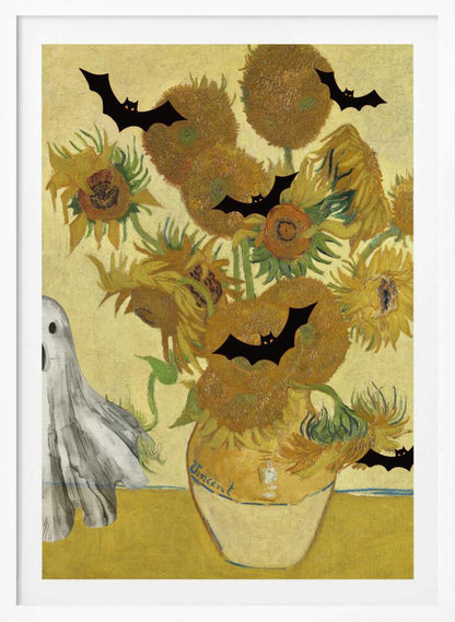 A humorous Halloween-themed parody of Vincent van Gogh's 'Sunflowers' painting. The famous artwork of yellow sunflowers in a vase is decorated with black bat silhouettes and a white sheet ghost peeking into the frame from the left. Artwork