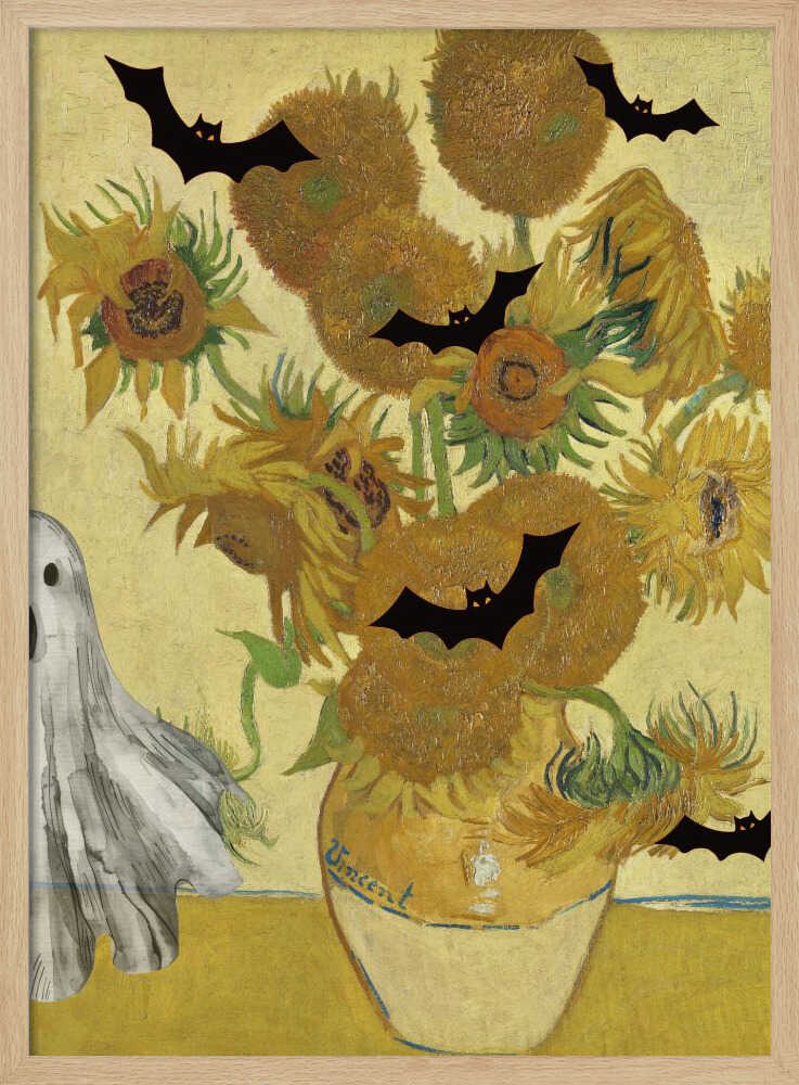 A humorous Halloween-themed parody of Vincent van Gogh's 'Sunflowers' painting. The famous artwork of yellow sunflowers in a vase is decorated with black bat silhouettes and a white sheet ghost peeking into the frame from the left. Artwork