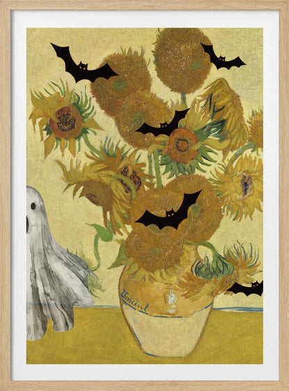 A humorous Halloween-themed parody of Vincent van Gogh's 'Sunflowers' painting. The famous artwork of yellow sunflowers in a vase is decorated with black bat silhouettes and a white sheet ghost peeking into the frame from the left. Artwork