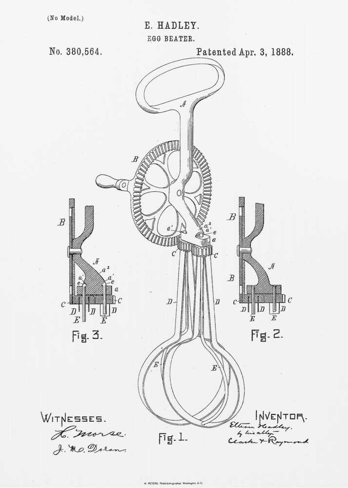 A framed black and white patent illustration for an egg beater by E. Hadley, patented April 3, 1888. The drawing includes a main view of the hand-cranked mixer and two detailed cross-section diagrams, all labeled with letters and figure numbers. Poster