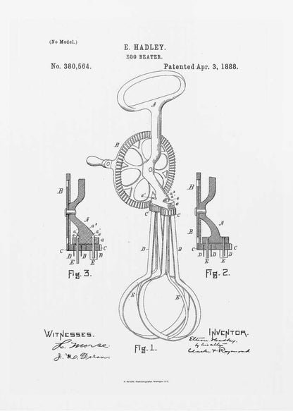 A framed black and white patent illustration for an egg beater by E. Hadley, patented April 3, 1888. The drawing includes a main view of the hand-cranked mixer and two detailed cross-section diagrams, all labeled with letters and figure numbers. Poster