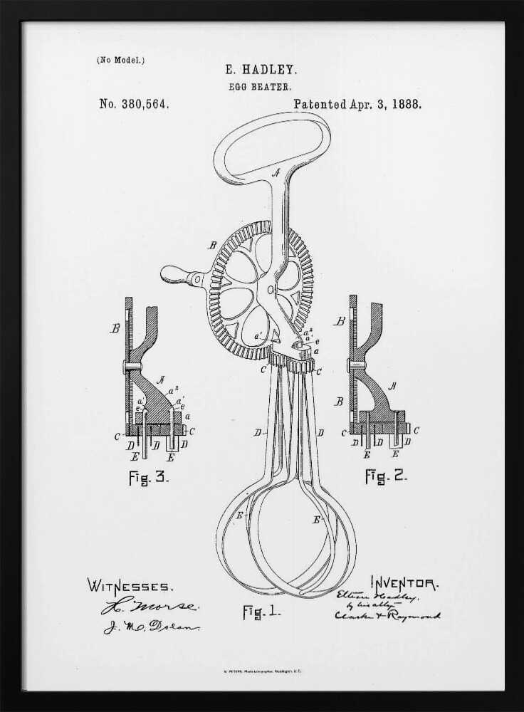 A framed black and white patent illustration for an egg beater by E. Hadley, patented April 3, 1888. The drawing includes a main view of the hand-cranked mixer and two detailed cross-section diagrams, all labeled with letters and figure numbers. Poster