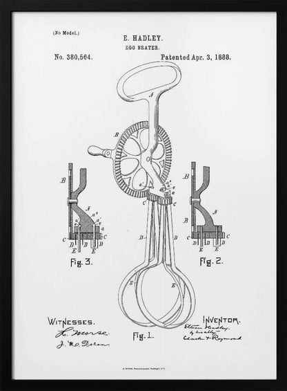 A framed black and white patent illustration for an egg beater by E. Hadley, patented April 3, 1888. The drawing includes a main view of the hand-cranked mixer and two detailed cross-section diagrams, all labeled with letters and figure numbers. Poster