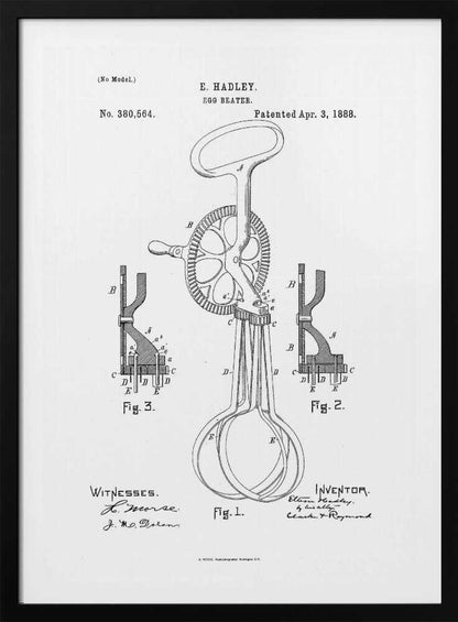 A framed black and white patent illustration for an egg beater by E. Hadley, patented April 3, 1888. The drawing includes a main view of the hand-cranked mixer and two detailed cross-section diagrams, all labeled with letters and figure numbers. Poster