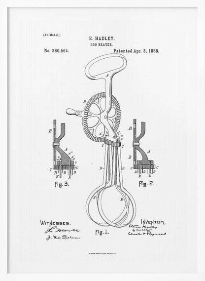 A framed black and white patent illustration for an egg beater by E. Hadley, patented April 3, 1888. The drawing includes a main view of the hand-cranked mixer and two detailed cross-section diagrams, all labeled with letters and figure numbers. Poster