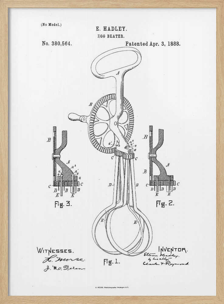 A framed black and white patent illustration for an egg beater by E. Hadley, patented April 3, 1888. The drawing includes a main view of the hand-cranked mixer and two detailed cross-section diagrams, all labeled with letters and figure numbers. Poster