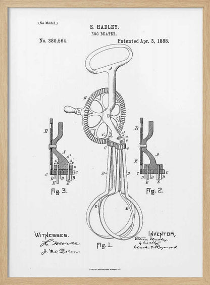 A framed black and white patent illustration for an egg beater by E. Hadley, patented April 3, 1888. The drawing includes a main view of the hand-cranked mixer and two detailed cross-section diagrams, all labeled with letters and figure numbers. Poster