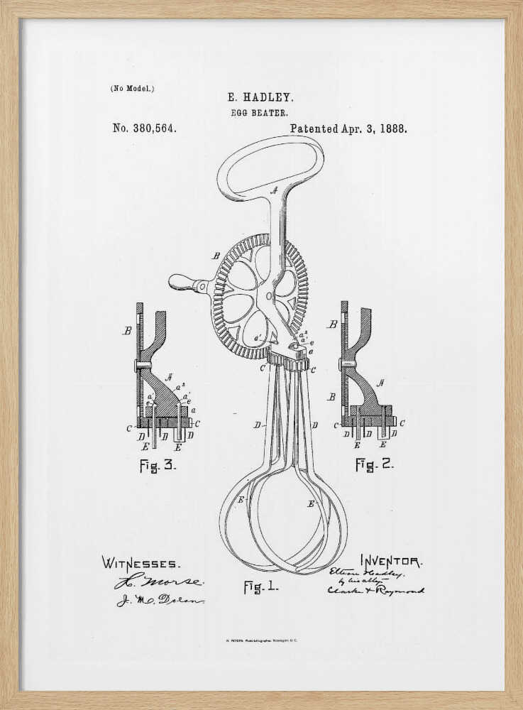 A framed black and white patent illustration for an egg beater by E. Hadley, patented April 3, 1888. The drawing includes a main view of the hand-cranked mixer and two detailed cross-section diagrams, all labeled with letters and figure numbers. Poster
