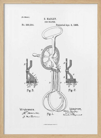 A framed black and white patent illustration for an egg beater by E. Hadley, patented April 3, 1888. The drawing includes a main view of the hand-cranked mixer and two detailed cross-section diagrams, all labeled with letters and figure numbers. Poster