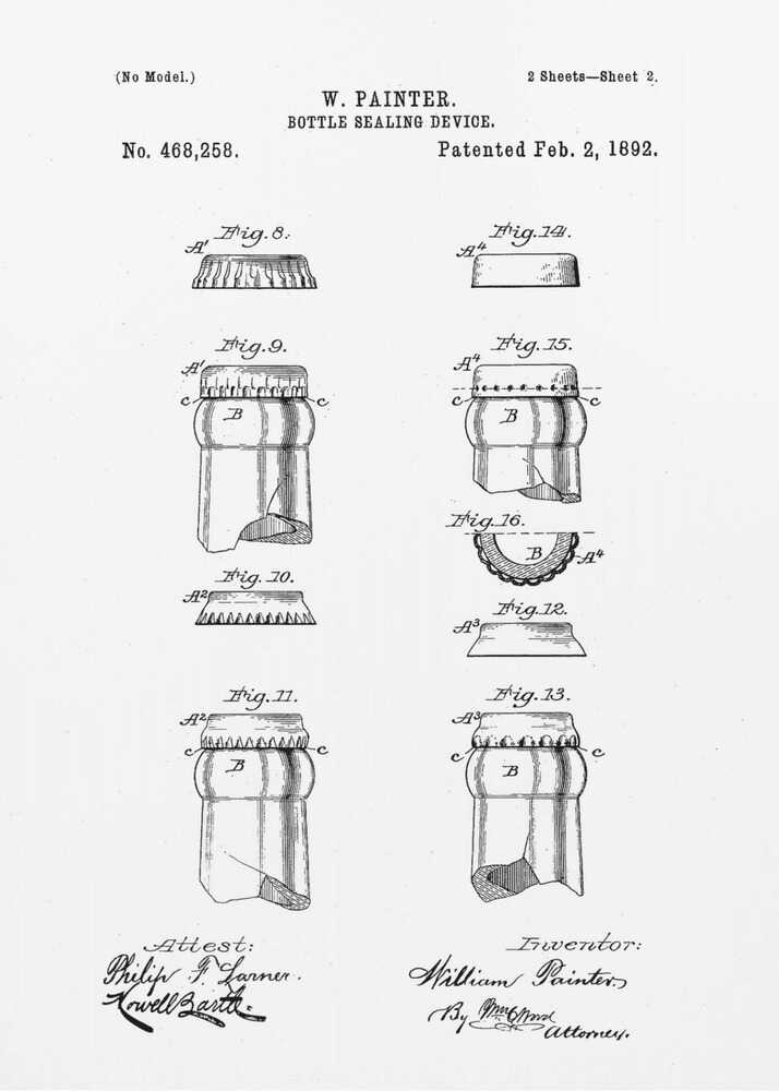 A framed black and white patent illustration for W. Painter's 'Bottle Sealing Device,' patented on February 2, 1892. The document displays various technical drawings (figures 8-16) of the bottle cap and the top of a bottle, along with signatures. Artwork