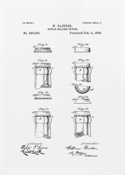 A framed black and white patent illustration for W. Painter's 'Bottle Sealing Device,' patented on February 2, 1892. The document displays various technical drawings (figures 8-16) of the bottle cap and the top of a bottle, along with signatures. Artwork