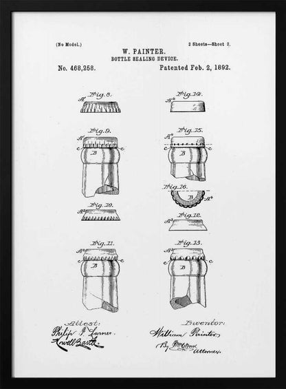 A framed black and white patent illustration for W. Painter's 'Bottle Sealing Device,' patented on February 2, 1892. The document displays various technical drawings (figures 8-16) of the bottle cap and the top of a bottle, along with signatures. Artwork