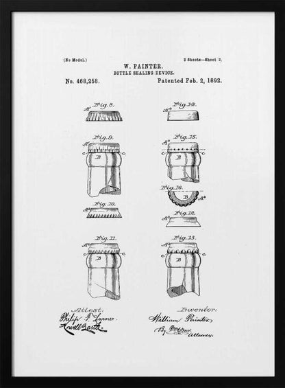 A framed black and white patent illustration for W. Painter's 'Bottle Sealing Device,' patented on February 2, 1892. The document displays various technical drawings (figures 8-16) of the bottle cap and the top of a bottle, along with signatures. Artwork