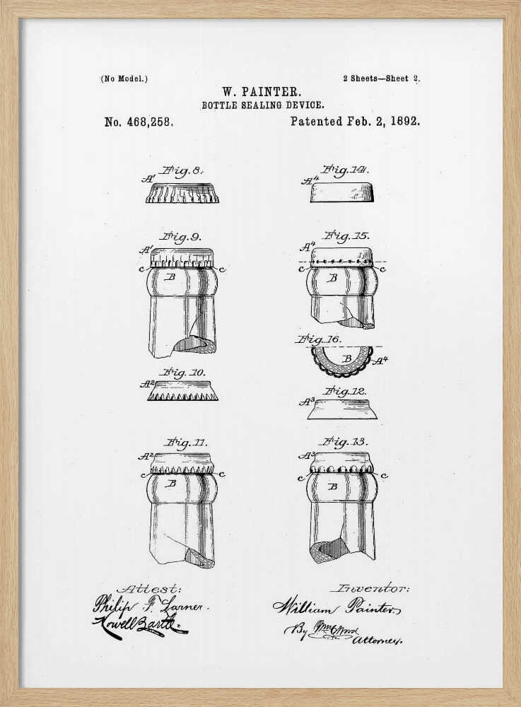 A framed black and white patent illustration for W. Painter's 'Bottle Sealing Device,' patented on February 2, 1892. The document displays various technical drawings (figures 8-16) of the bottle cap and the top of a bottle, along with signatures. Artwork