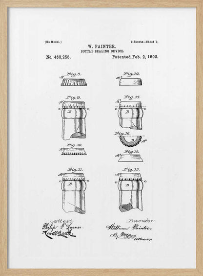 A framed black and white patent illustration for W. Painter's 'Bottle Sealing Device,' patented on February 2, 1892. The document displays various technical drawings (figures 8-16) of the bottle cap and the top of a bottle, along with signatures. Artwork