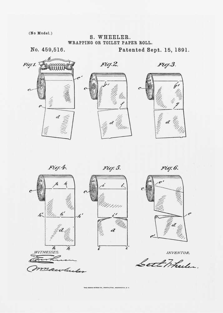 A framed black and white print of the 1891 U.S. patent for the wrapping or toilet paper roll by inventor S. Wheeler. The document features six technical illustrations of a perforated toilet paper roll, along with the patent number, date, and signatures. Poster