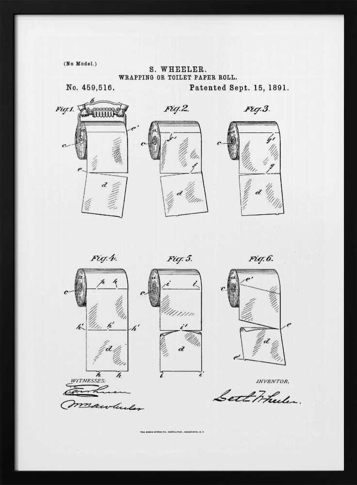 A framed black and white print of the 1891 U.S. patent for the wrapping or toilet paper roll by inventor S. Wheeler. The document features six technical illustrations of a perforated toilet paper roll, along with the patent number, date, and signatures. Poster