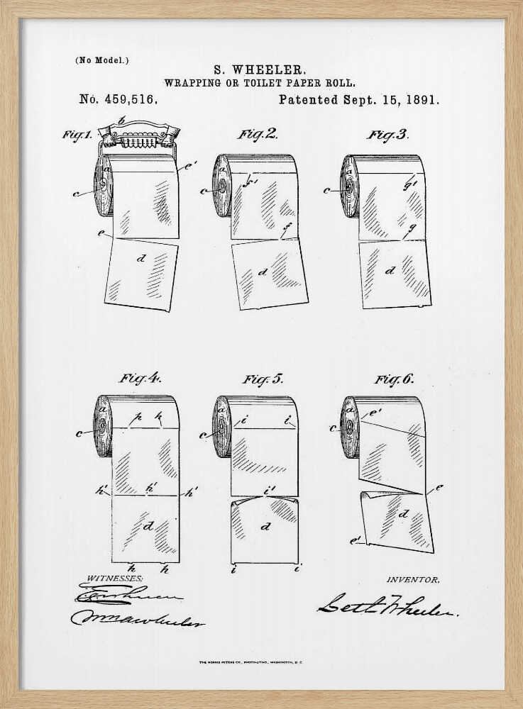 A framed black and white print of the 1891 U.S. patent for the wrapping or toilet paper roll by inventor S. Wheeler. The document features six technical illustrations of a perforated toilet paper roll, along with the patent number, date, and signatures. Poster